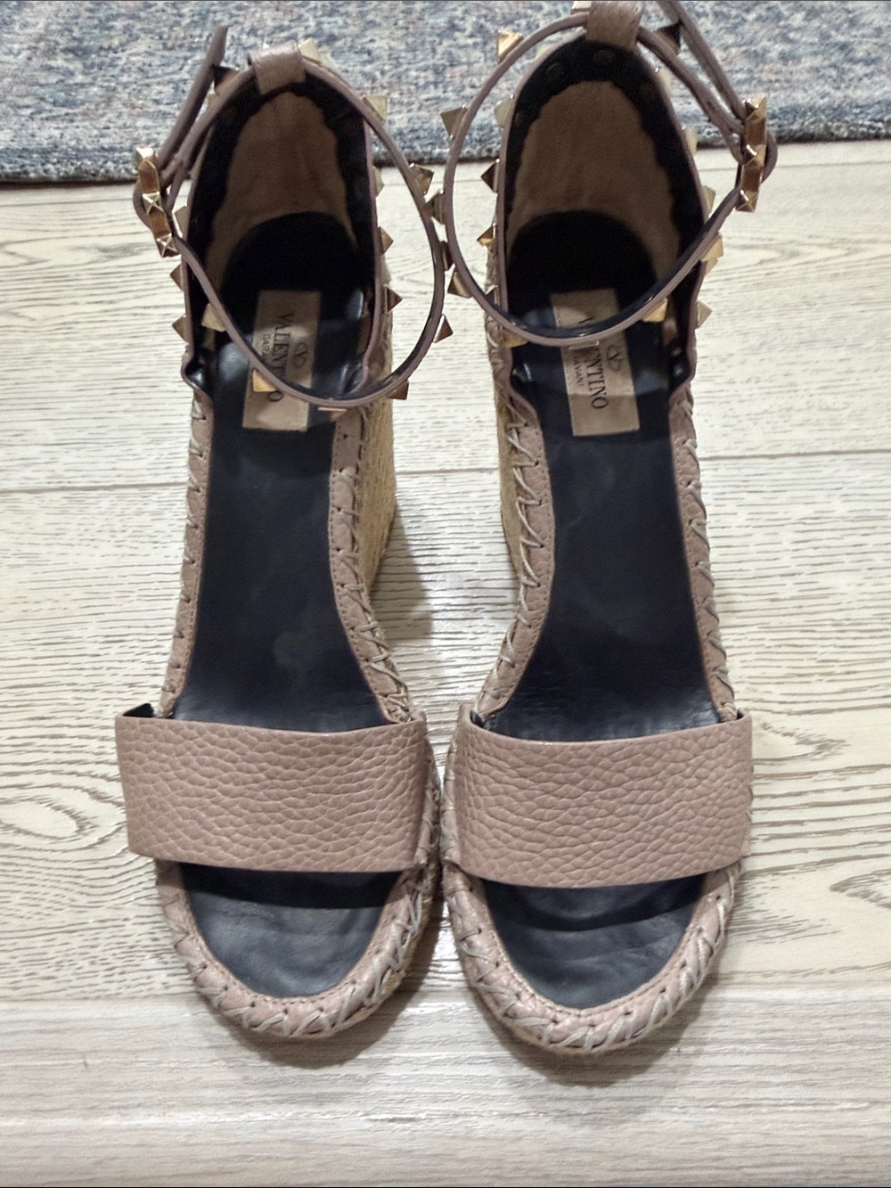 Valentino Taupe Leather Espadrille Wedge Sandals with Studded Ankle Strap
